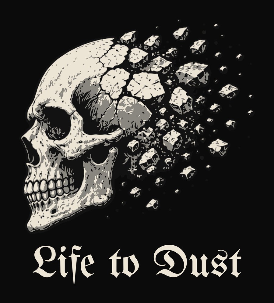 A skull in profile crumbling into dust