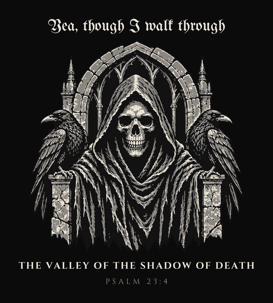 A hooded skull between two ravens under a stone arch